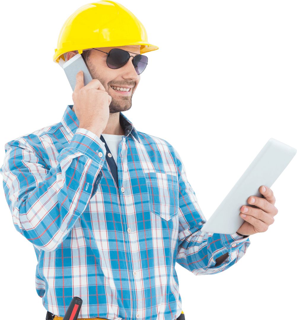 Transparent Smiling Foreman Using Digital Tablet and Cellphone