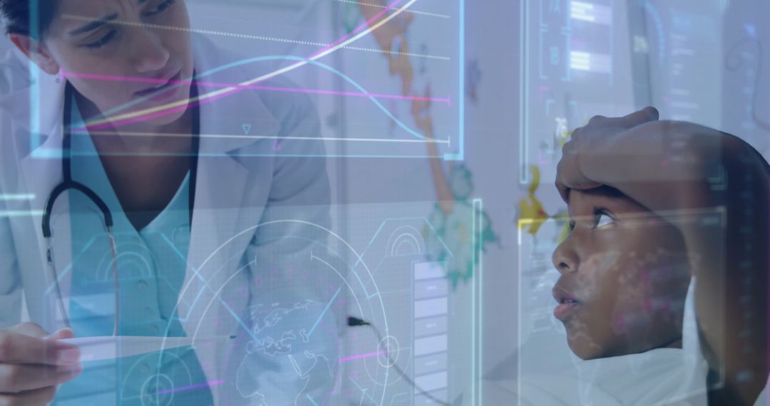 Pediatrician Consulting Young Patient with Medical Data Overlays