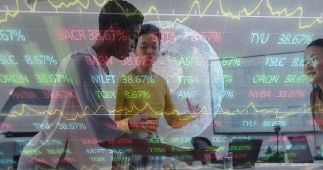 Diverse Female Coworkers Analyzing Global Financial Data