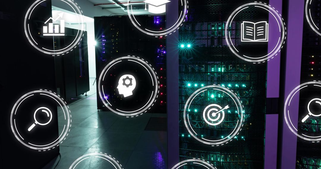 Digital Network Server Room with Data Processing Icons
