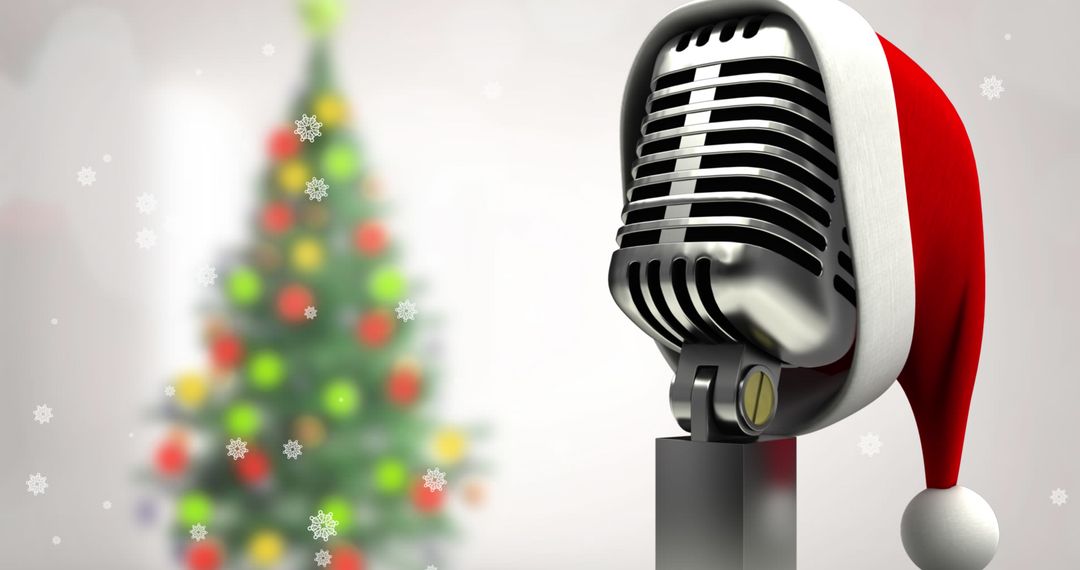 Retro Microphone Wearing Santa Hat Next to Blurred Christmas Tree
