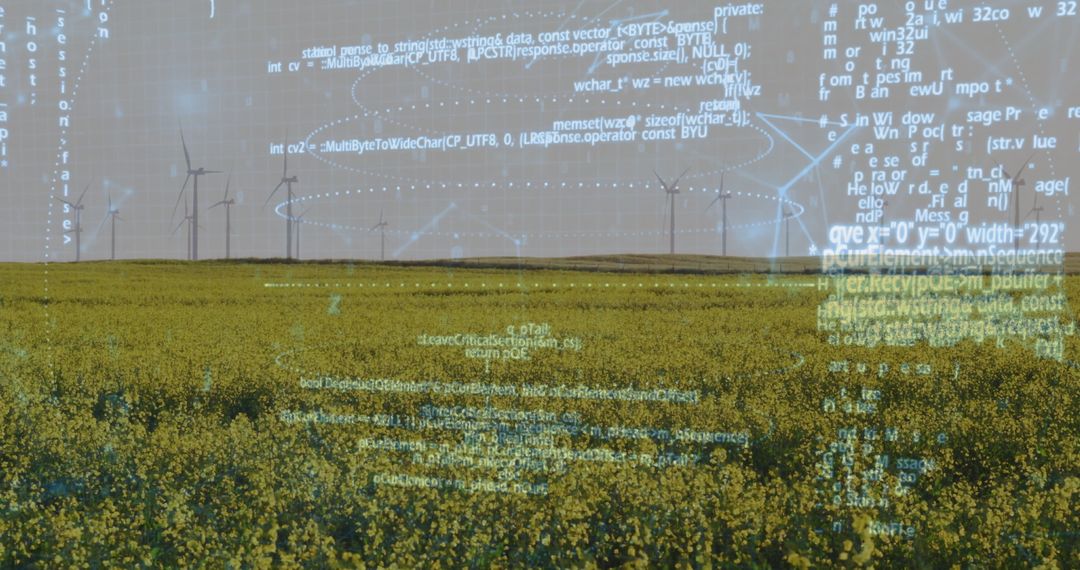 Wind Turbines Over Field with Futuristic Digital Code Overlay