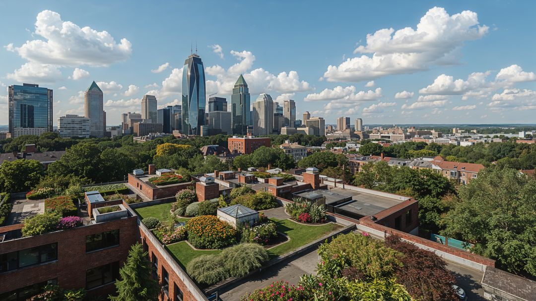 Charlotte urban skyline with green rooftops and modern architecture