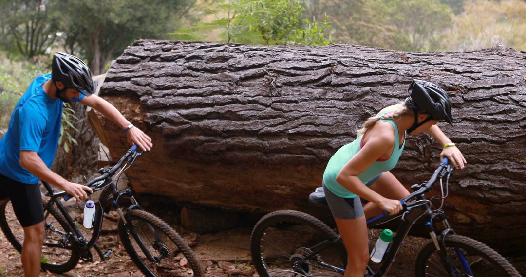 Cyclists Navigating Fallen Tree on Forest Trail - Free Images, Stock Photos and Pictures on Pikwizard.com