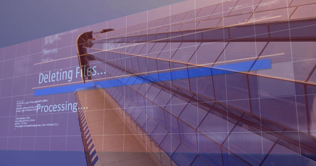 Futuristic Glass Tower with Digital Deleting Files Overlay