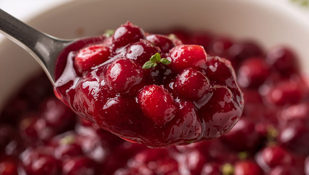 Spoon scooping glossy cranberry compote with fresh herb garnish