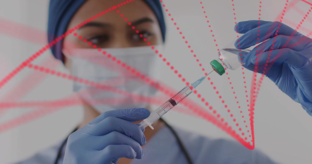 Nurse drawing vaccine from vial while preparing syringe with red data visualization overlay