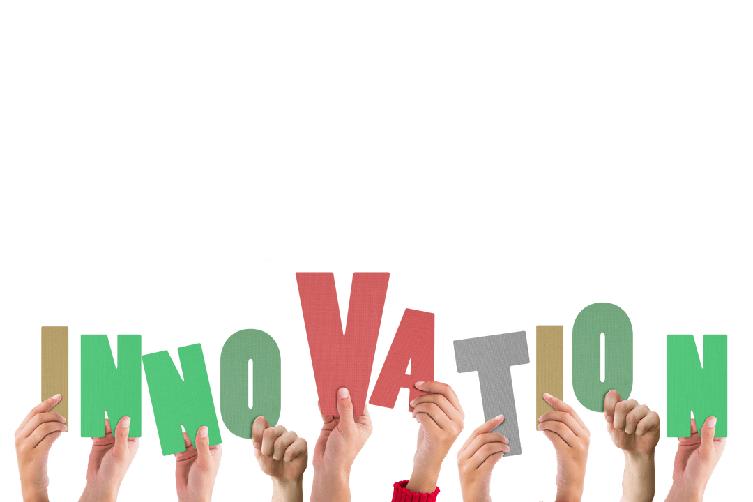 Hands Holding Innovation Text on Transparent Background