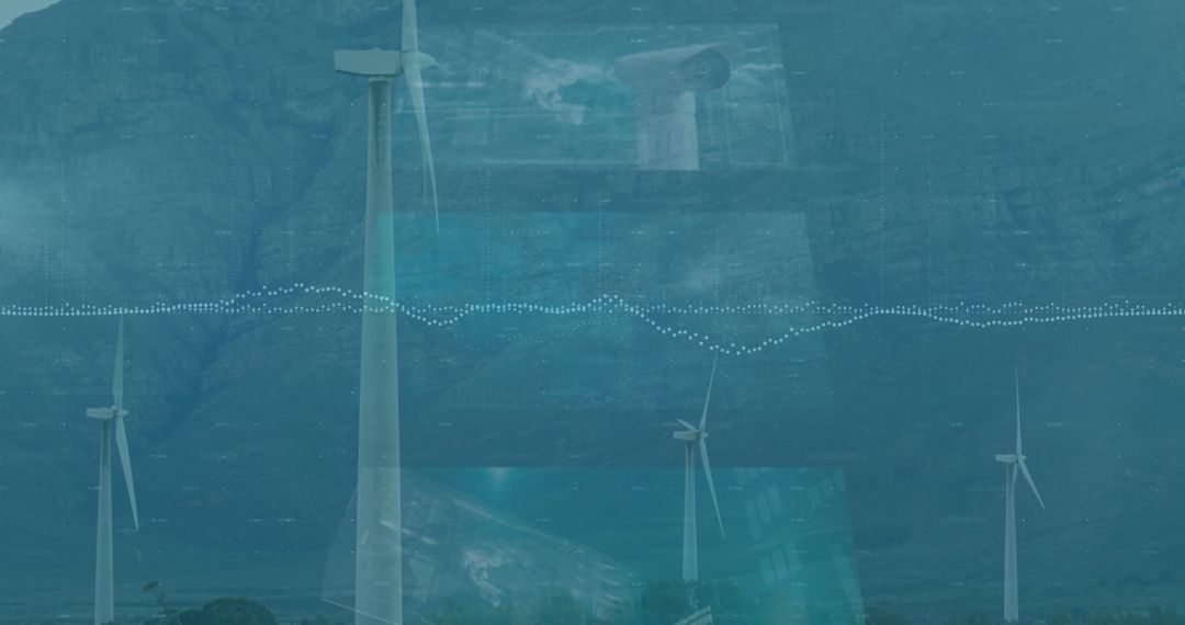 Wind Turbines with Waveform Overlay Illustrating Renewable Energy Innovation