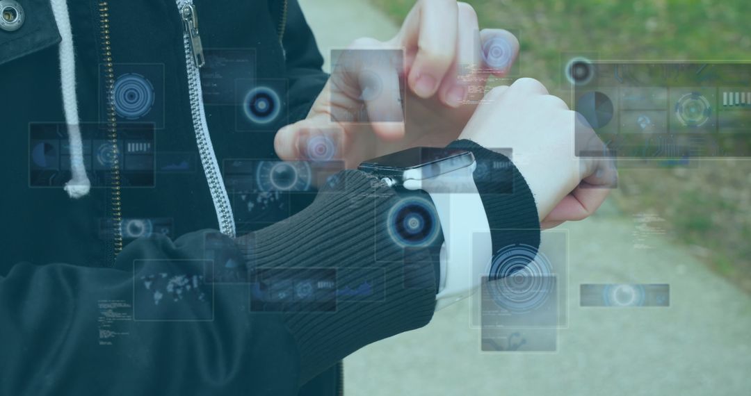 Man Interacting with Advanced Smartwatch Interface Simulation - Free Images, Stock Photos and Pictures on Pikwizard.com