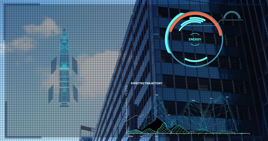 Futuristic Digital Interface Overlapping Skyscraper