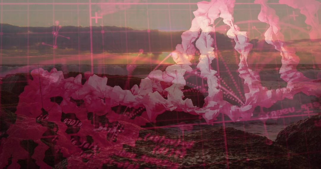 Floating magenta DNA helix over coastal sunset with holographic data grid
