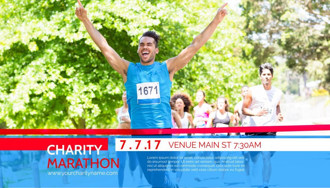 Runner Celebrating Victory Crossing Finish Line at Marathon Event