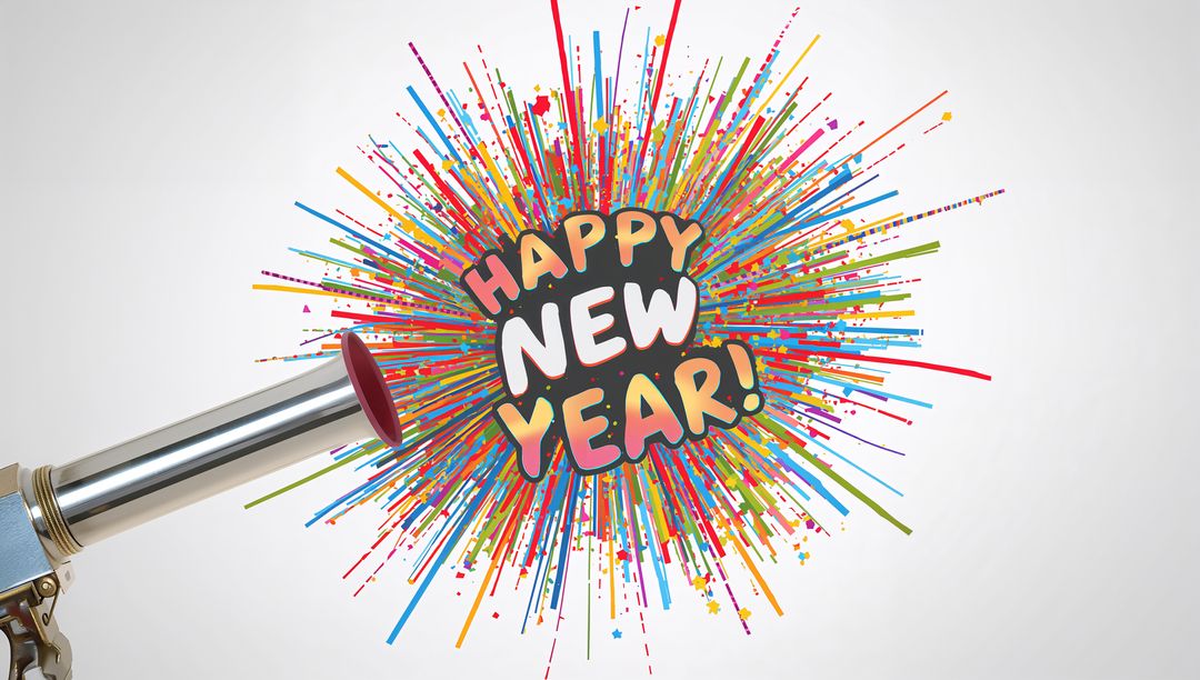 Vibrant New Year Burst with Party Cannon and Multicolor Confetti Explosion