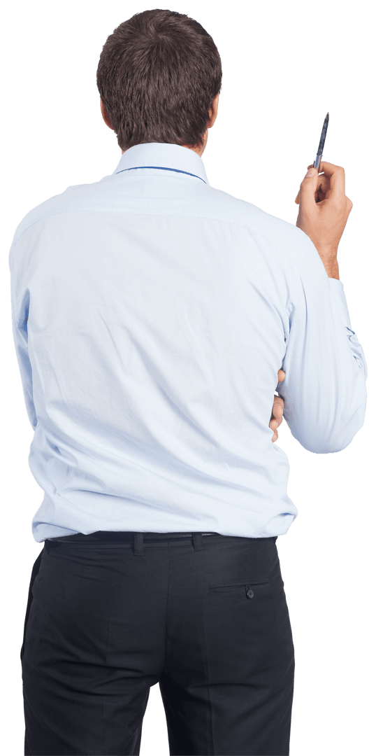 Caucasian Businessman Holding Pen from Back on Transparent Background