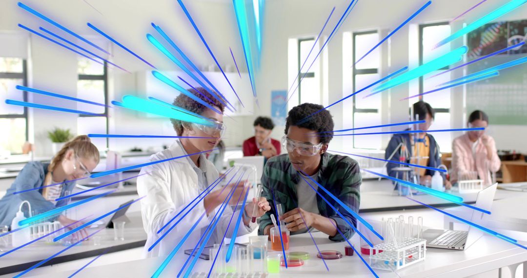 High School Students Collaborating on Pipetting Experiment with Petri Dishes in Bright Lab