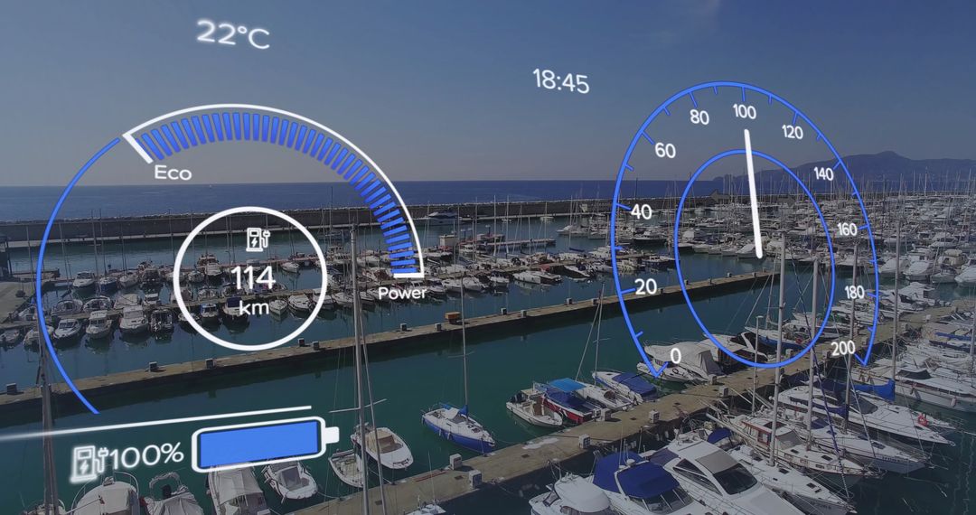 Digital Dashboard HUD Overlay on Scenic Marina Boat Dock
