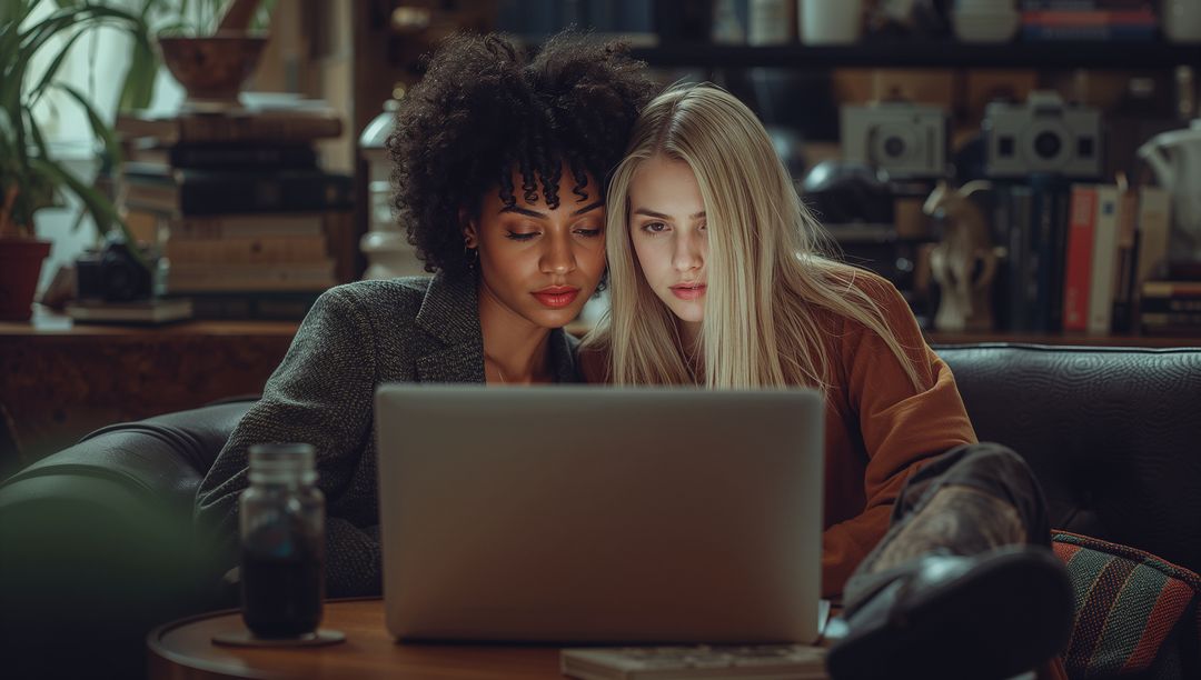Two Women Collaborating on Laptop in Cozy Home Library