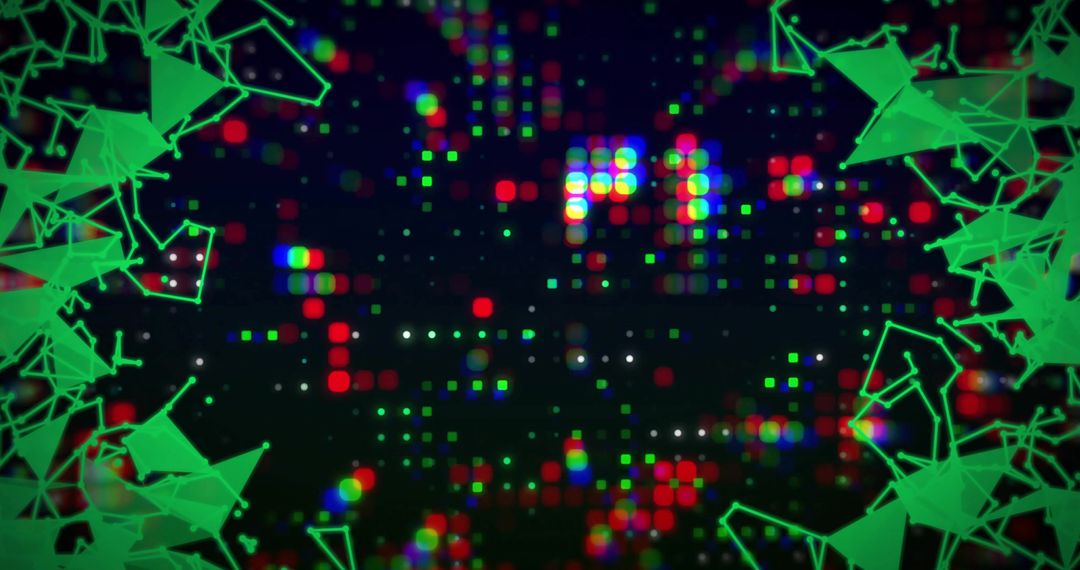 Pulsing RGB Dot Matrix in Dark Cyberspace with Neon Green Wireframe Geometry
