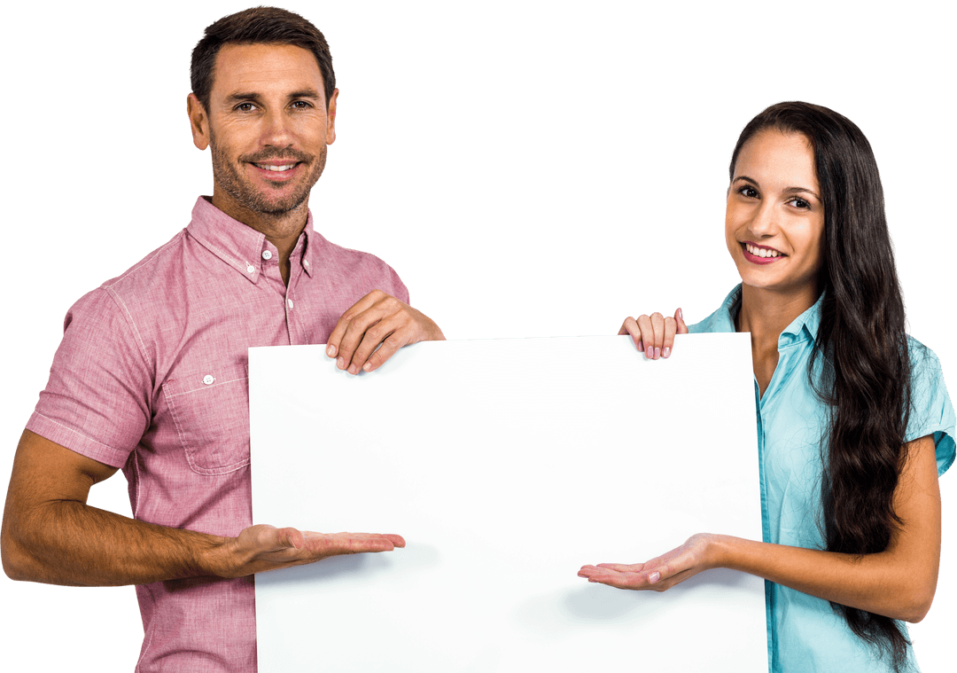 Smiling Couple Presenting Blank Transparent Board
