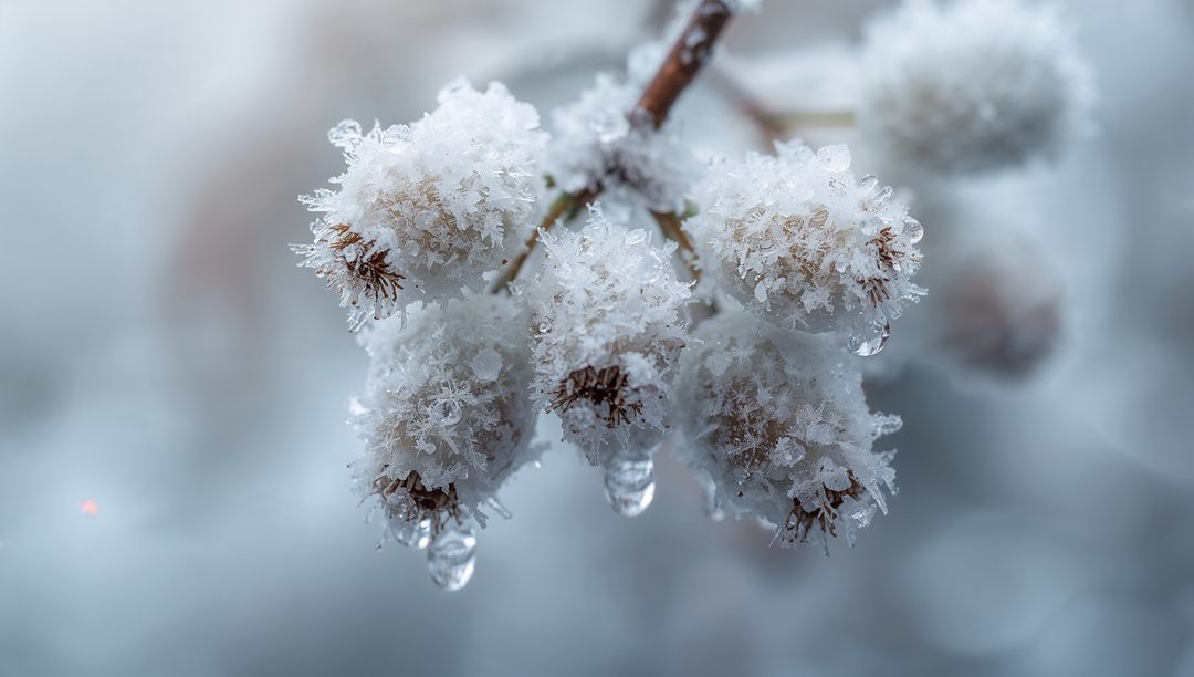 Macro close-up of seed heads sparkling with hoarfrost and glistening ice droplets