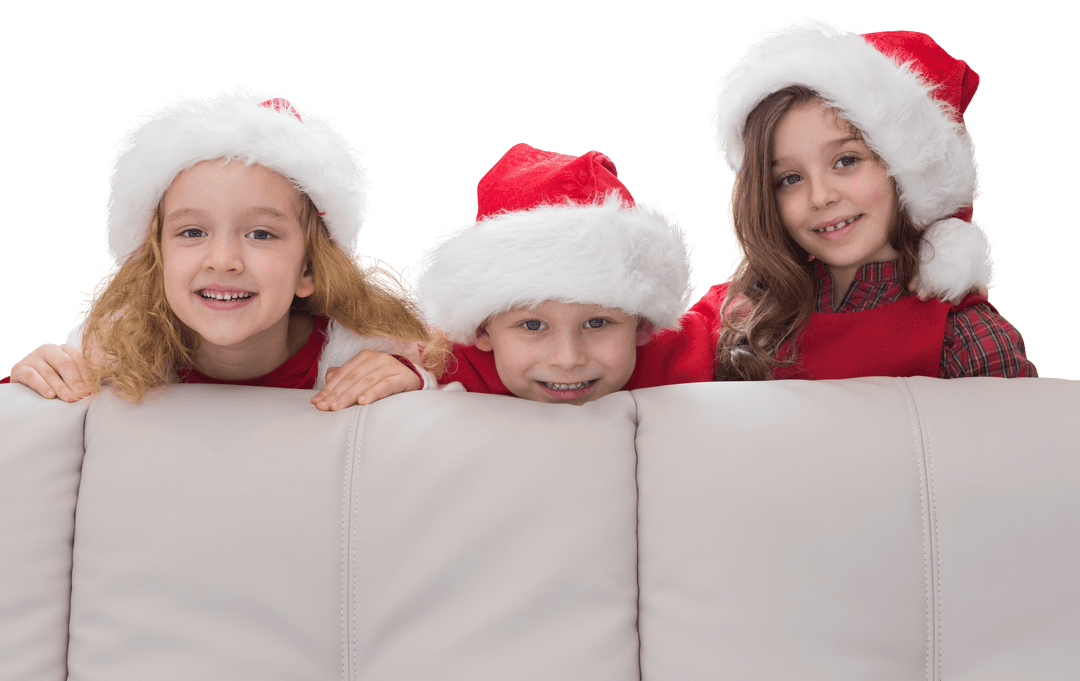 Transparent Christmas Children in Festive Santa Hats with Copy Space