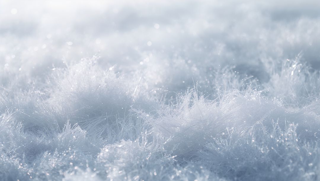 Glittering hoarfrost carpet with needle-like ice crystals macro texture in soft blue light