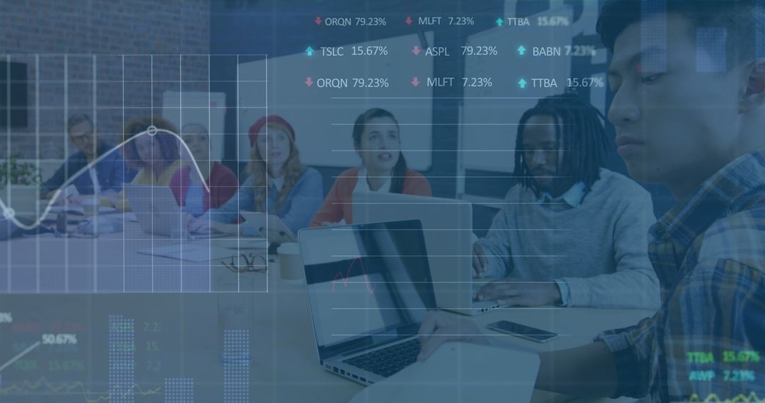 Team Meeting Analyzing Stock Market Data in Office