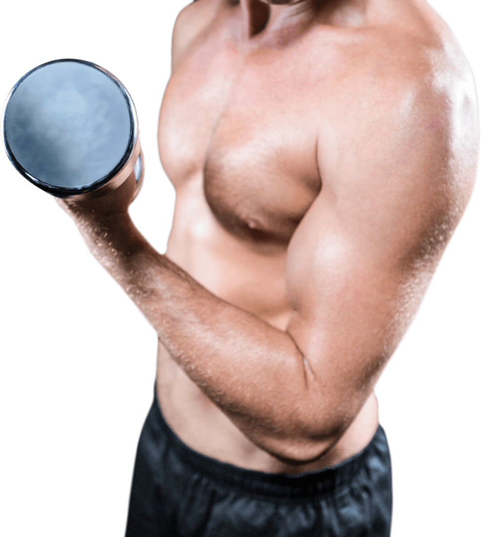 Midsection of Shirtless Athlete with Dumbbell Transparent Background