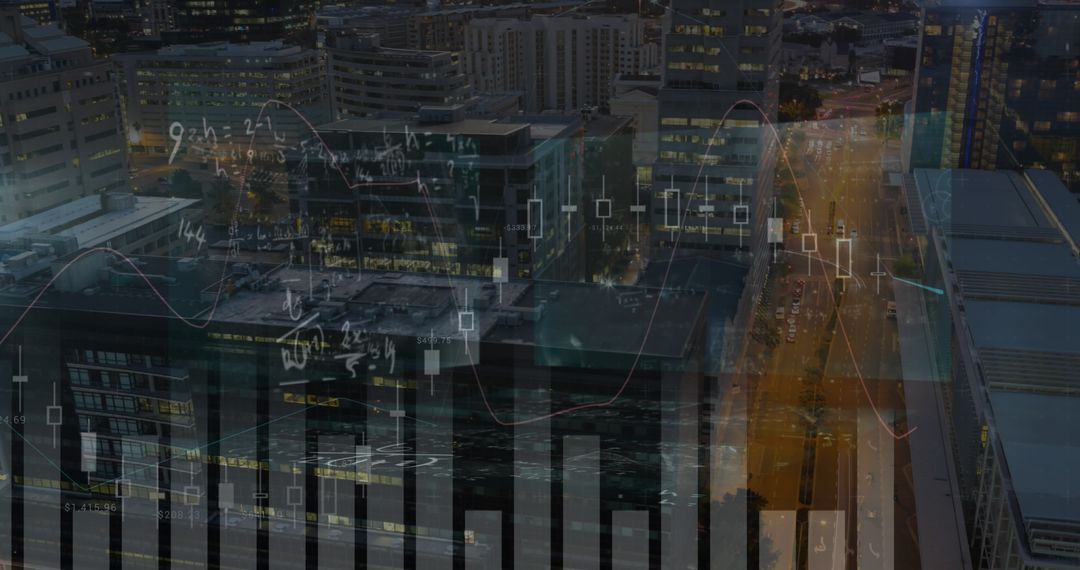 Double Exposure of City Skyline with Financial Charts and Calculations