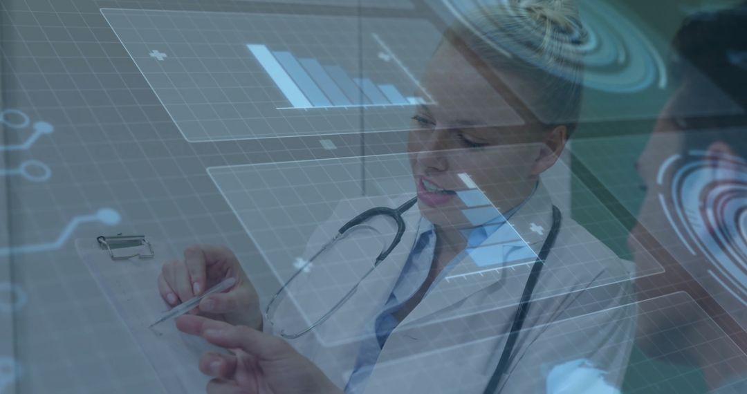 Doctor Examining Digital Data Overlay in Modern Clinic