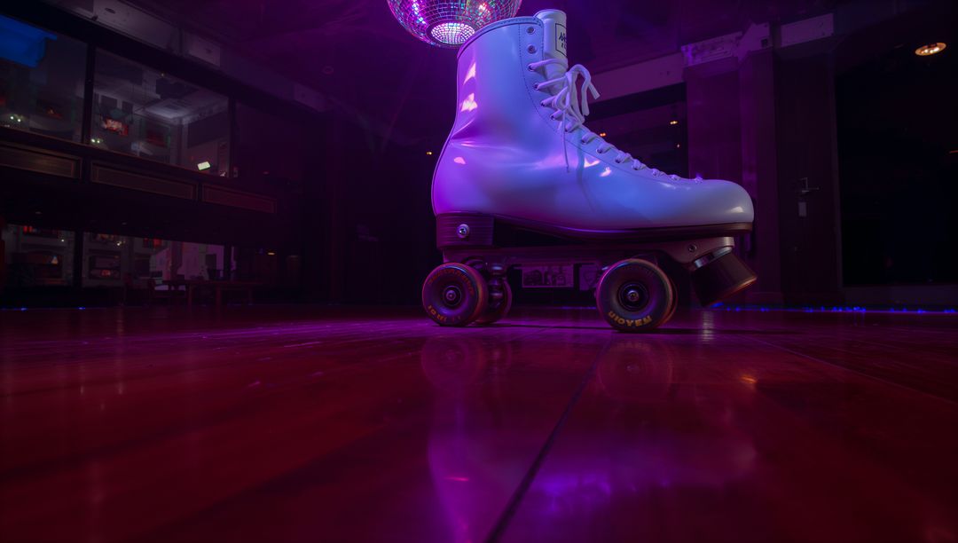 White Roller Skate Resting on Glossy Neon Rink with Disco Ball Reflection and Magenta Glow