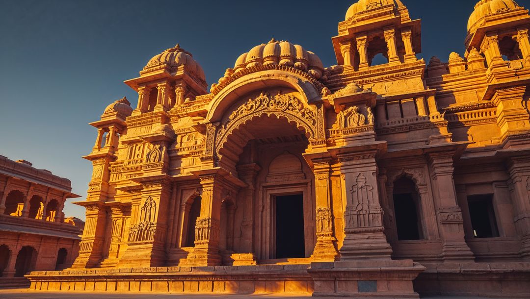 Sunlit Sandstone Temple Facade with Intricate Carvings