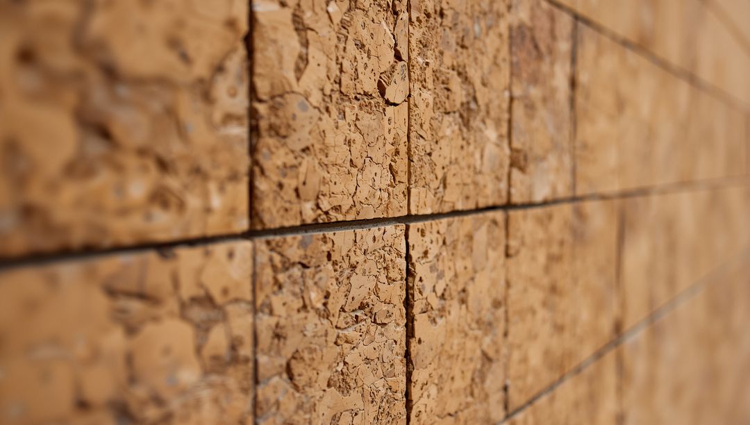 Close-up Showing Textured Cork Tile Grid with Porous Surface, Grout Lines and Warm Tone