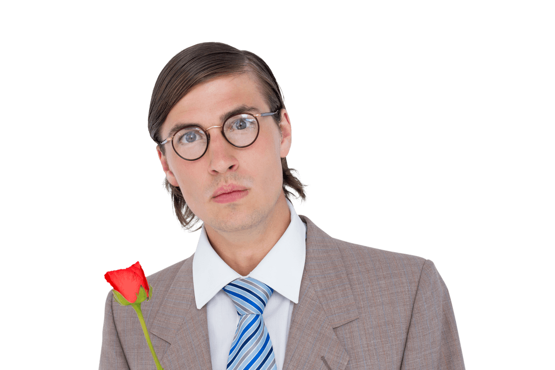 Transparent Geeky Businessman Offering Rose with Funny Expression