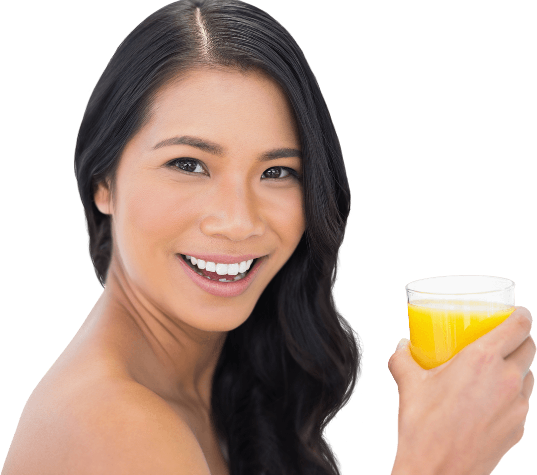 Smiling Woman Holding Glass of Refreshing Orange Juice on Transparent Background