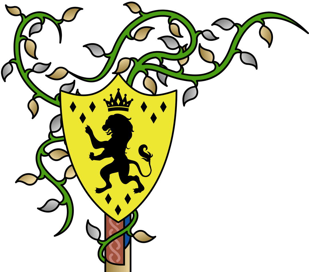 Vintage Lion Emblem on Crest with Vine and Diamond Patterns