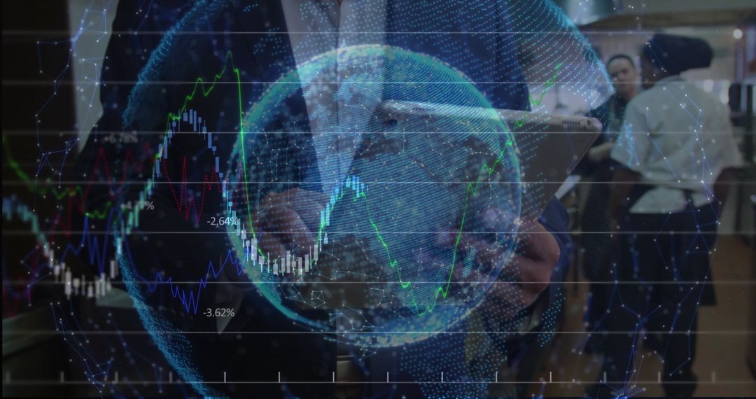 Business Executive Analyzing Financial Data with Holographic Globe