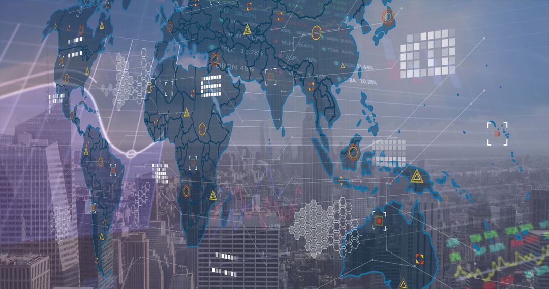 Futuristic World Map Overlay with Data Graphics on City Skyline