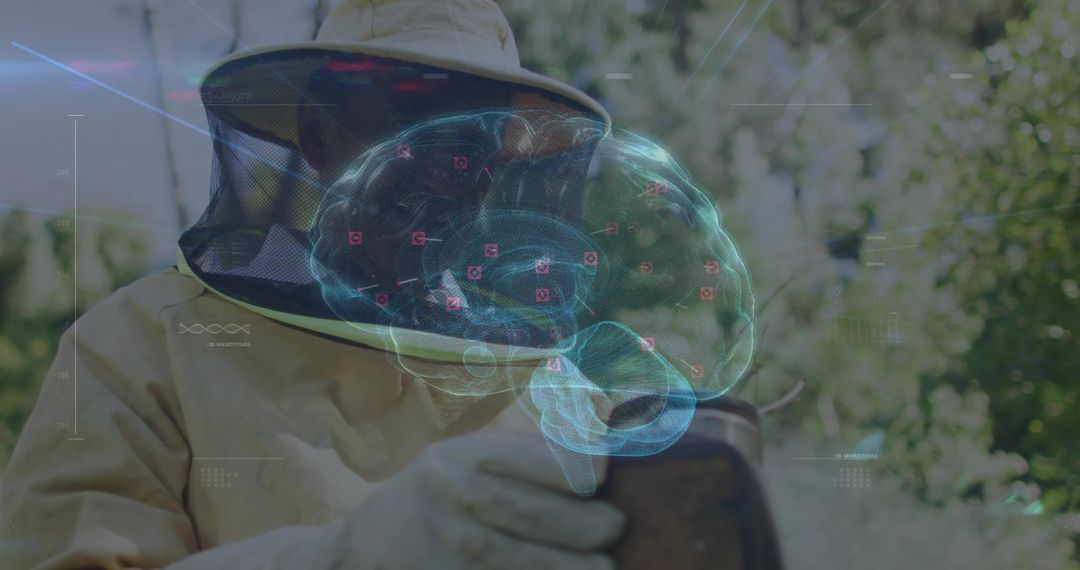 Beekeeper Examining Hive with Holographic Brain Overlay