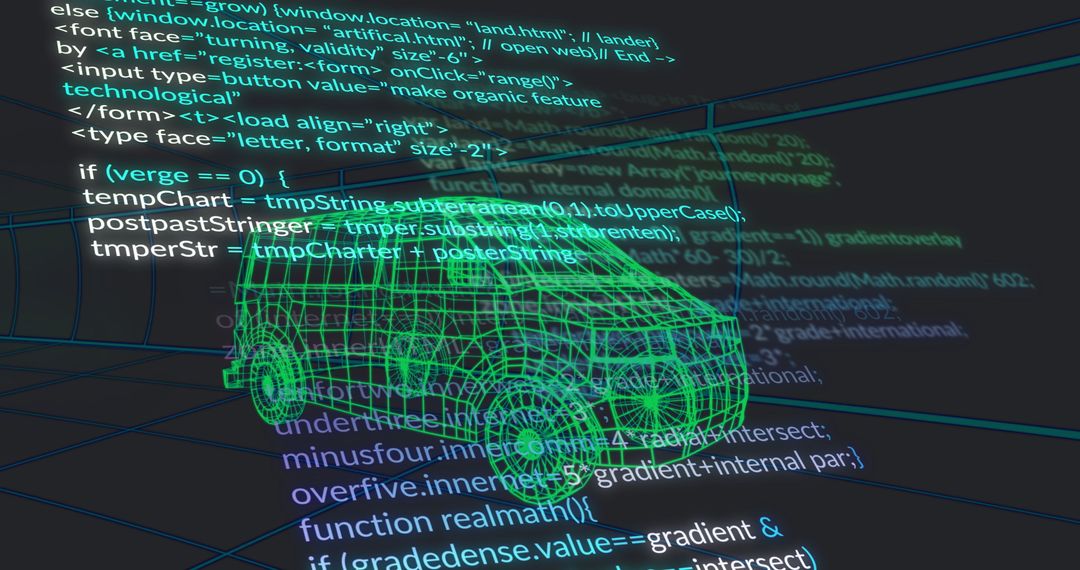 Futuristic Green Wireframe Van with Code Overlays in 3D Virtual Space