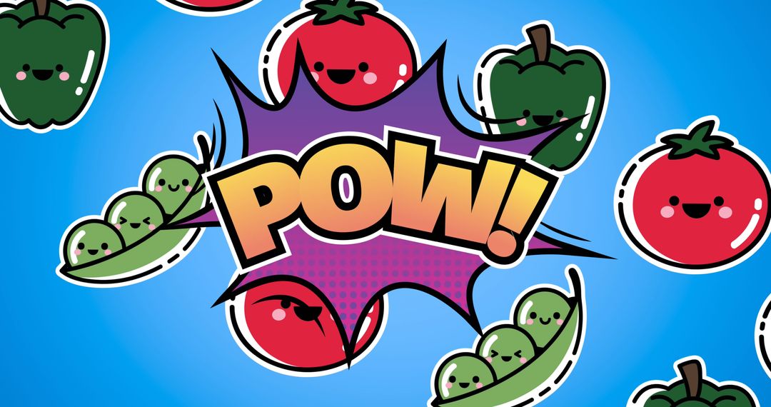 Cheerful Vegetable Characters with POW Text on Blue Background