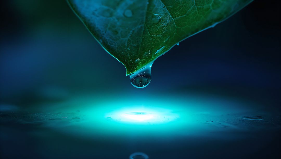 Macro Liquid Droplet from Leaf Tip Illuminated in Turquoise Light