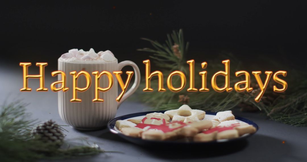 Festive Holiday Cocoa and Cookies with Happy Holidays Text