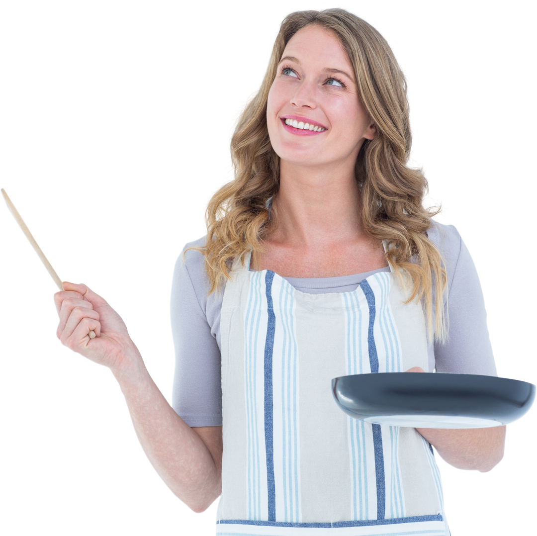 Smiling Woman Holding Frying Pan and Wooden Spoon on Transparent Background - Download Free Stock Images Pikwizard.com