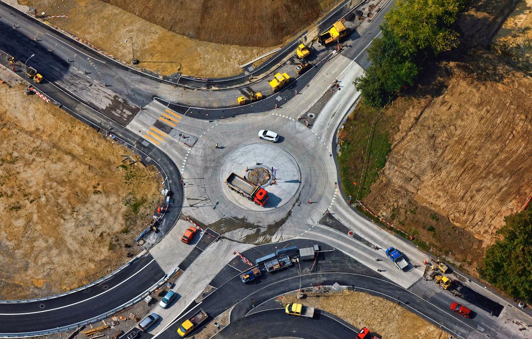 Aerial View of Busy Roundabout Under Construction