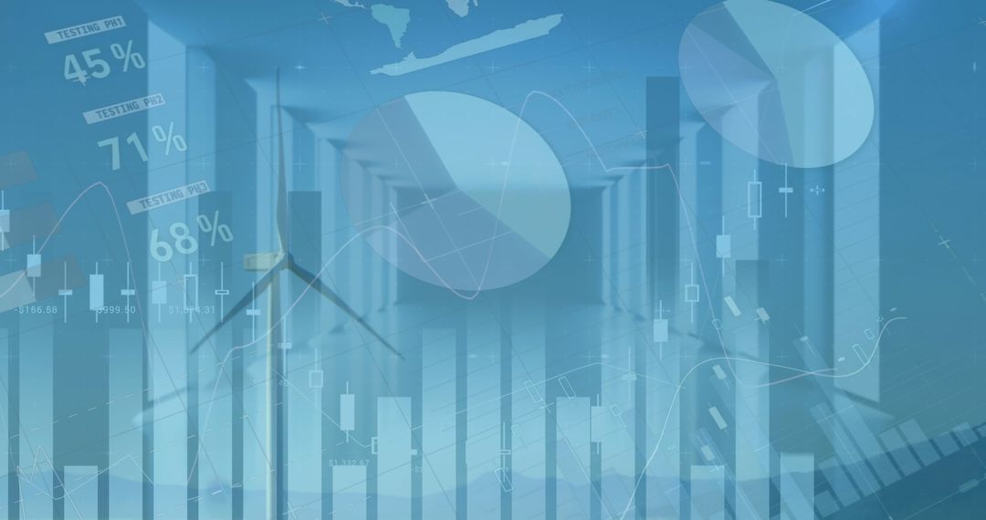 Abstract Business Data Overlay with Wind Turbine in Office