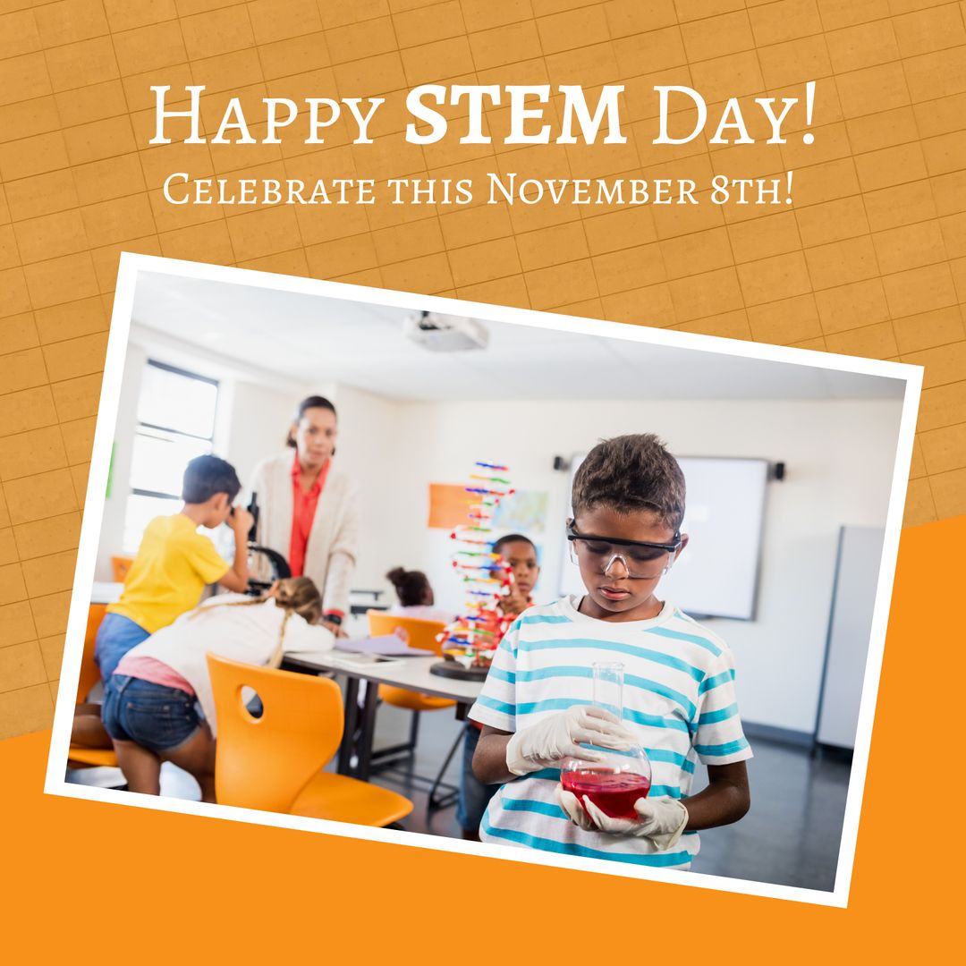 Happy STEM Day Celebration with Biracial Boy Holding Laboratory Beaker in Classroom - Download Free Stock Templates Pikwizard.com