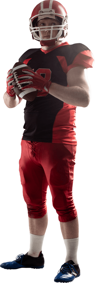 Focused American Football Player Holding Ball on Transparent Background