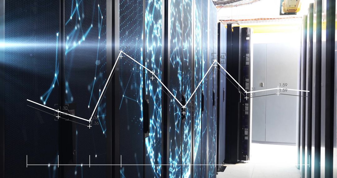Server Room with Visualized Data Flow and Networking Overlay